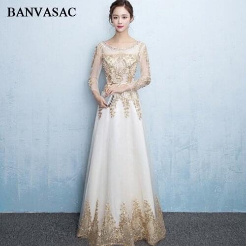 BANVASAC Crystal O Neck Gold Lace Appliques Long Evening Dresses Party Sequined Sash Illusion Long Sleeve Prom Gowns