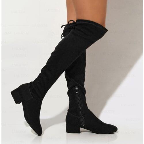 BERZIMER Women Knee High Heels Boots Real Suede Low Chunky Heels Over Knee Boots Zapatos Botas Ladies Shoes Woman Big Size 45 47