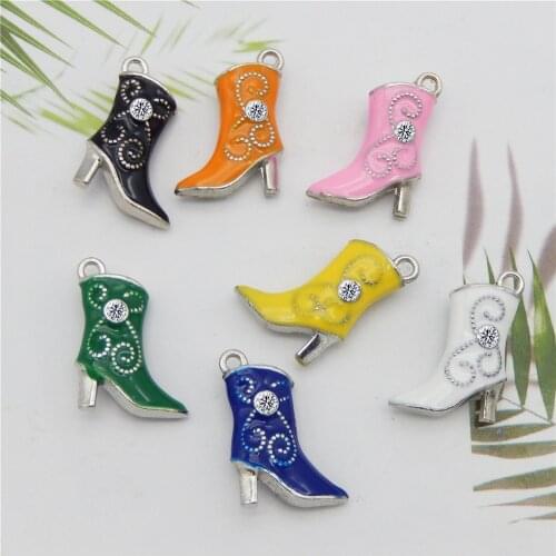 Julie Wang 4PCS Sexy Women High Heel Charm With Rhinestone Pink Blue Alloy Pendant Jewelry Making Craft DIY Accessory