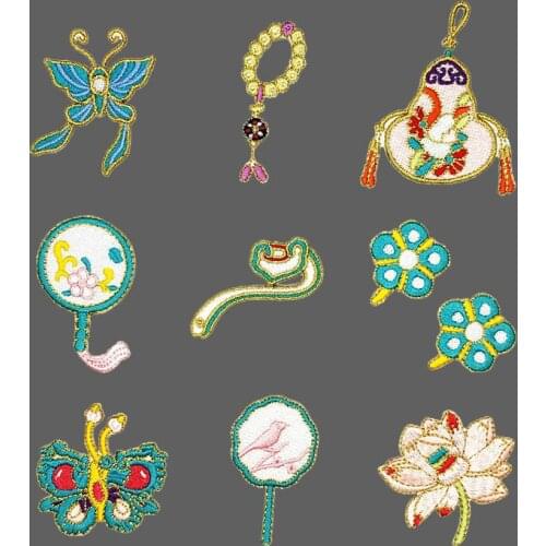 Chinese Lotus Flower Applique Fan Butterfly Embroidery Patches For Clothing Iron On Stickers For Clothes Decor Sewing Patch