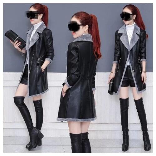 Leather jacket womens jacket mid-length 2021 autumn and winter new loose and thin fur one plus velvet thick windbreaker