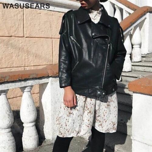 Women jackets with zipper pocket black faux leather jacket turn down collar leather jacket women sashes autumn coat streetwear