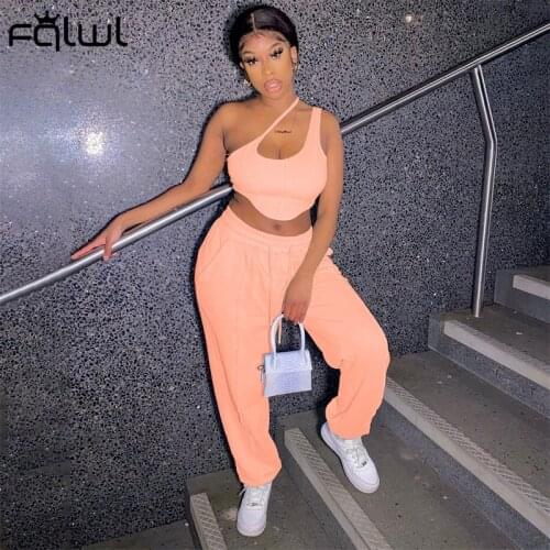 FQLWL Summer Bodycon 2 Piece Sets Womens Outfits 2021 One Shoulder Crop Top Drawstring Pants Sets Casual Blue Tracksuit Women