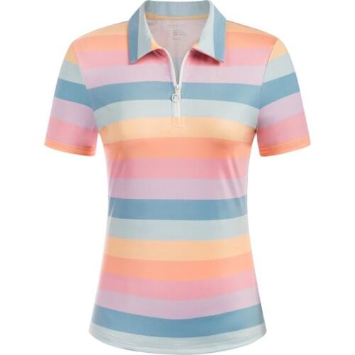 Summer T Shirt Women Striped Sports Tee Shirts Short Sleeve Lapel Collar Zip-up Neck Tops Fashion Breathable Young Ladies Female