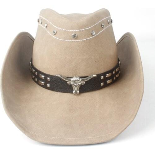 Fashion Lady Cowboy Hat Comfortable Leather Felt Western Cow Head Decoration Cowboy Casual Hat