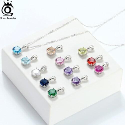 ORSA JEWELS 925 Sterling Silver Women Necklaces 12 Color Month Lucky Birthstone AAA CZ Zircon Pendant Necklace for Girls SN118