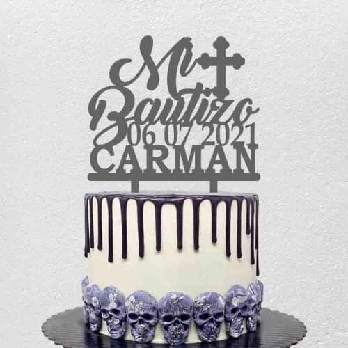 Personalized Baptism Cake Topper Customized Name Date Spanish Mi Bautizo For Kids Baptism Party Cake Decoration Topper