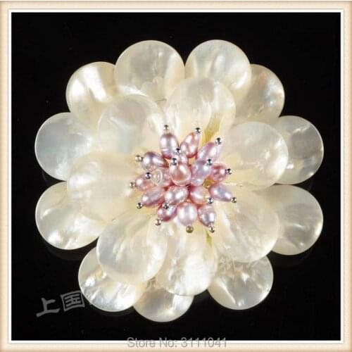 Freshwater pearl &shell white flower brooch FPPJ wholesale beads nature
