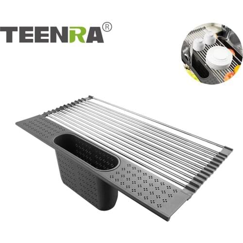 TEENRA Foldable Kitchen Sink Rack Roll-up Dish Drying Rack Stainless Steel Dish Drainer Mat Fruit Vegetable Holder Kitchen Tools