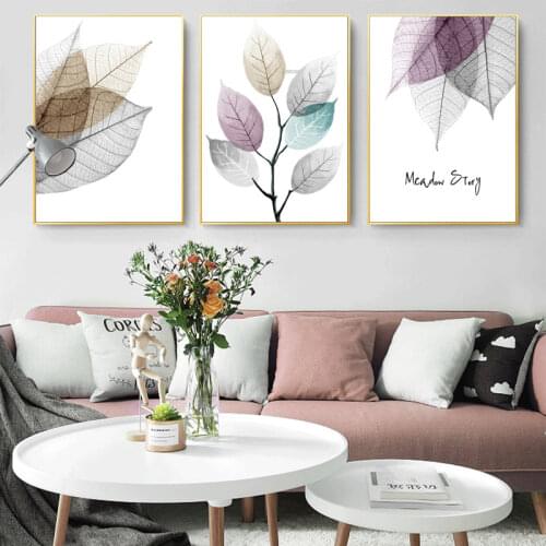 Modern Simple Small Fresh Leave Decorative Painting Modular Picture Wall Art Canvas Painting for Living Room No Framed