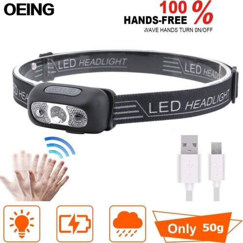 LED Headlight With Sensor Built-in Battery USB Charging 5 Modes Adjustable Front Illumination Angle Waterproof Camping Torch