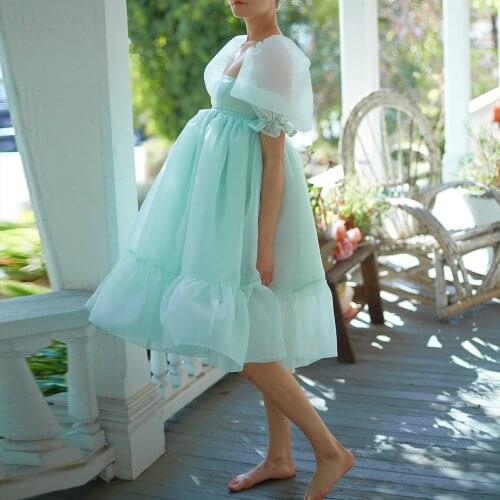 Dreamy Mint Green Puff Sleeves Evening Dresses 2021 Organza Cute Short Prom Gowns Babydoll Tea-Length A-Line vestidos de fiesta