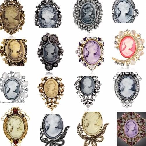 Vintage Brooches for Women Elegant Silver color Trendy Beauty Head Cameo Brooch Austria Crystal