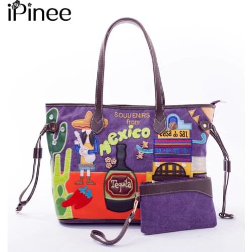 IPinee Vintage Casual Canvas Handbags Ladies Large Capacity Tote Bag With Purse Embroidery Women Crossbody Shoulder Bags