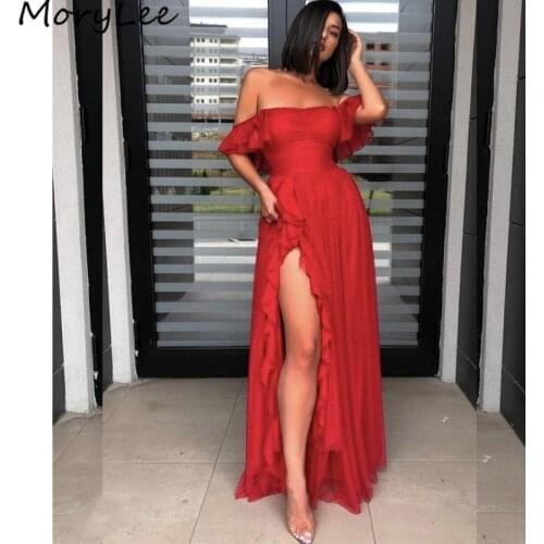 Prom Dresses Strapless Sleeveless Side Slit A-Line Dot Tulle Pleated Prom Dresses With Zipper Back vestidos de fiesta de noche