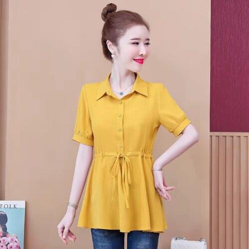 Women Spring Summer Style Blouses Shirts Lady Casual Short Sleeve Solid Button Decoration Turn-Down Collar Blusas Tops DM006