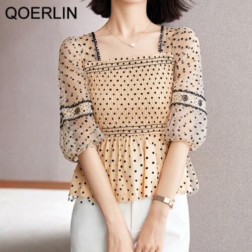 QOERLIN Polka Dot Square Collar Mesh Chiffon Shirt Women Summer Elastic Slim Short Sleeve Shirt Top Plus Size Hollow Out Blouse