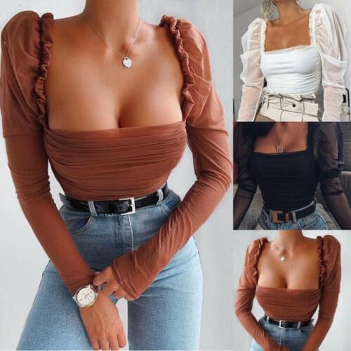 2020 New Fashion Women Sheer Mesh Shirts Sexy Ruched Puff Long Sleeve Square Neck Slim Fitted Blouses Office Ladies Blouse Black