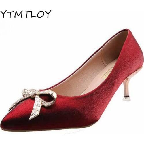 Brand Design New Fashion Elegant Women Shoes 4 Style Wedding Party Bowknot Slip-on Beige Black Thin Heel Pointed Toe Women Pumps