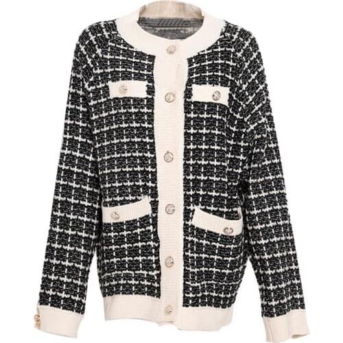 Autumn 2021 New Sweater Coat Retro Shirt Check Long Sleeve Single Breasted Plaid Loose Knit Cardigan Tide Ladies