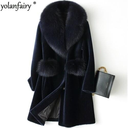 Real Fur Coat Women Hooded Winter Jacket Fox Fur Collar Plus Size Sheep Shearing 100% Wool Fur Coats Abrigo Mujer XESD1811 J3652