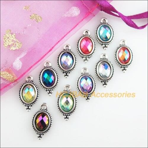 30 New Oval Charms Tibetan Silver Tone Flower Acrylic Mixed AB Pendants 9x17mm