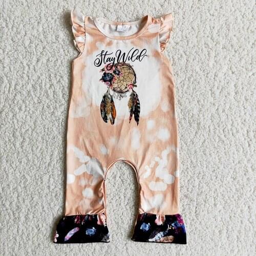 New Arrival Kids Short Sleeve Romper Baby Girls Feather And Flowers Pattern Jumpsuit With Button