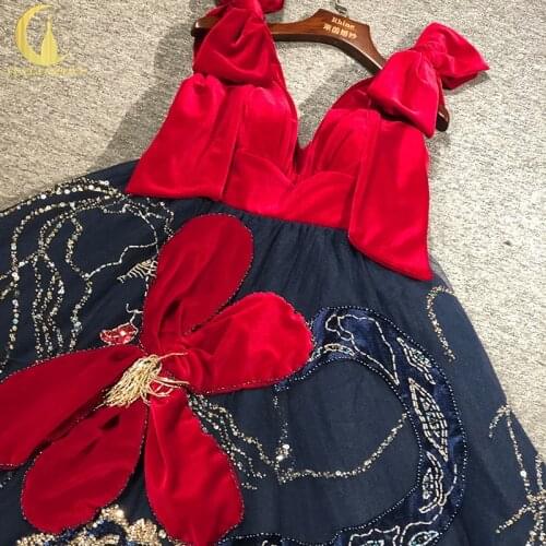 Rhine Real picture Red velet And Navy Blue Luxuours Beads V Neck High Quality evening dress long formal dresses