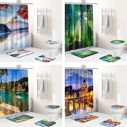 Home City Landscape Printing Waterproof Fabric Bathroom Accessories Shower Curtain Cover Non-slip Carpet Bathroom Cover Bath Mat