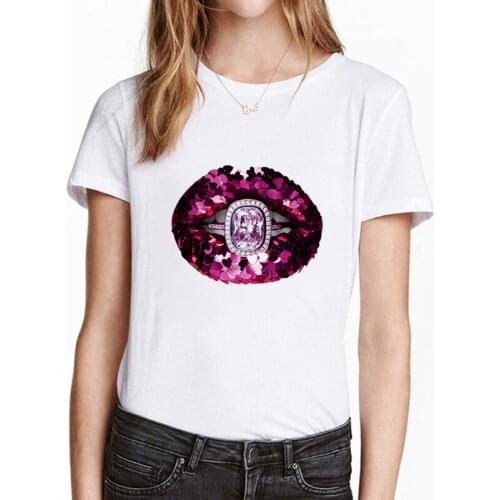 T shirt Women Summer Diamond ring lips Print Ladies Cute Clothes Tshirt Fashion Graphic Top Lady Short sleeve Female Tee T-Shirt