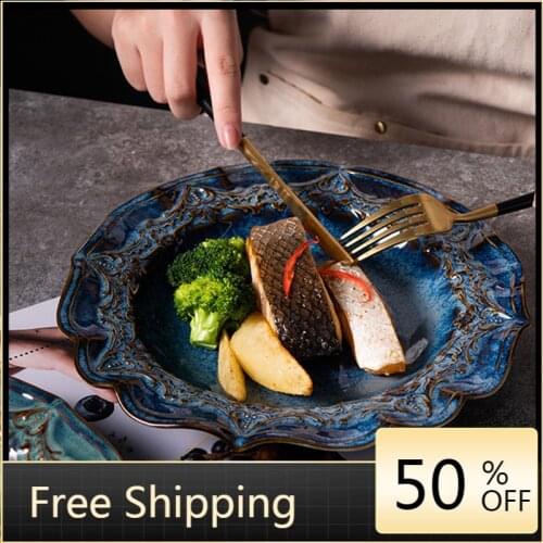 Flower Blue Dinner Plates Flat European Style Fruit Tray Breakfast Food Salad Dessert Plate Cake Vaisselle Dinnerware HX50DP