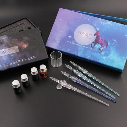 Crystal Glass Pen 4/12 Colors Ink Dip Pen Gift Box Set Art Fountain Pen Writing Supplies