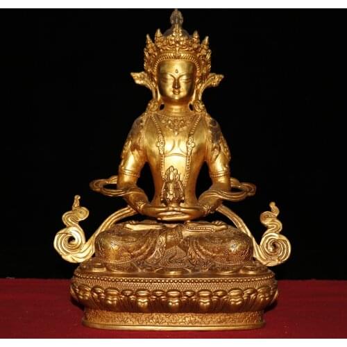 11"Chinese temple collection Old Bronze Gilt Longevity Buddha Immeasurable life wisdom Sitting Buddha Enshrine the Buddha