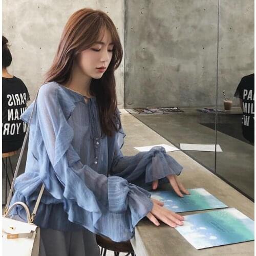 Korean Version Of The Spring New Fairy Temperament Loose Chiffon Shirt Women Bottoming Ruffled Shirt Womens Shirt