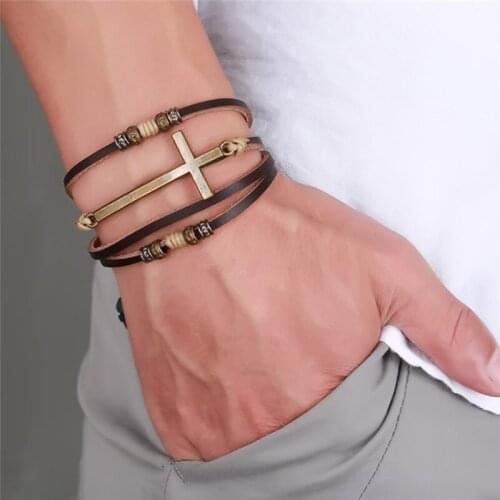 Leather Cross Bracelets Bangles Adjustable Bohemia Chain Bracelet Men Jewelry