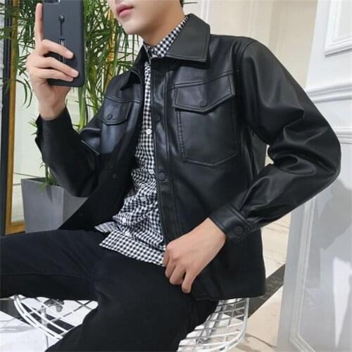 Korean mens leather jacket lapel plus velvet youth double pocket snap button loose casual motorcycle clothing black