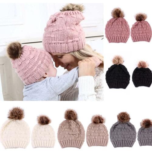 Emmababy 2pcs/set Fashion Newborn Kids Baby Mom Woman Hat Knitted Warm Pom Round Machine Cap Protects Baby Winter Caps
