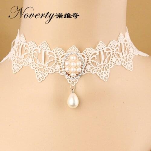 Fashion Vintage Sweet Lolita Imitation Pearl White Lace Choker Necklaces Bridal Jewelry For Women Wedding Party FY-122
