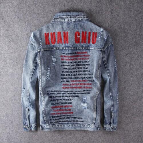 Streetwear Embroidery Designer Cotton Punk Coats Retro Blue Fashion Men Jackets High Quality Hip Hop Ripped Denim Jacket Men