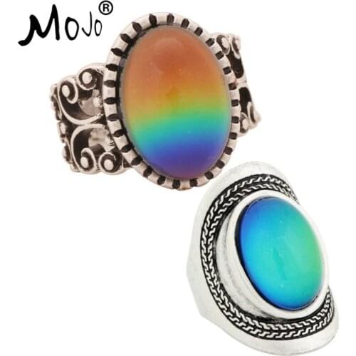 2PCS Antique Silver Plated Color Changing Mood Rings Changing Color Temperature Emotion Feeling Rings Set For Women/Men 003-020
