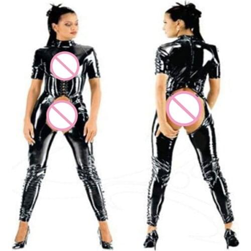 New Women Short Sleeve Open Front Role Jumpsuit Sexy Latex Wet Look PVC Bodysuit Teddy Erotic Clubwear Goth Punk Leather Catsuit