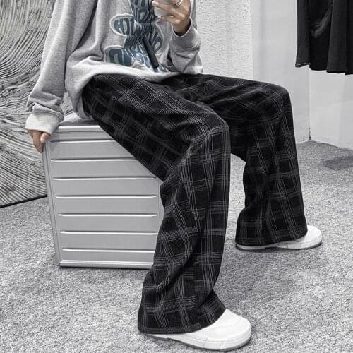 Plaid casual pants mens fashion loose straight-leg pants mens Korean wide-leg pants mens streetwear retro trousers plus size