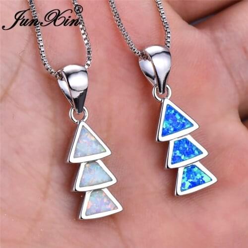 JUNXIN Silver Color Triangle Pendant Necklaces For Women Mystic Blue White Fire Opal Necklace Female Wedding Gifts