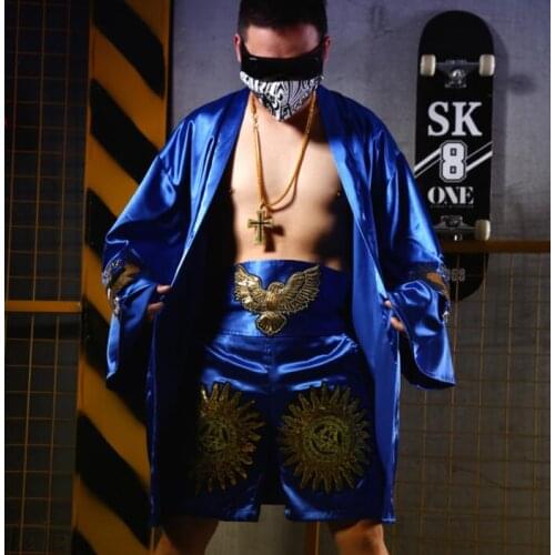 Shirt men long sleeve shirt teenage punk slim sexy Blue cool collage girdle boxing shirt mens personality stage singer dance