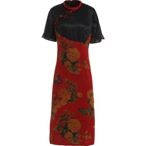 Gowani Silk Dress Retro Printed Elegant Profile Chinese Dress Cheongsam Qipao