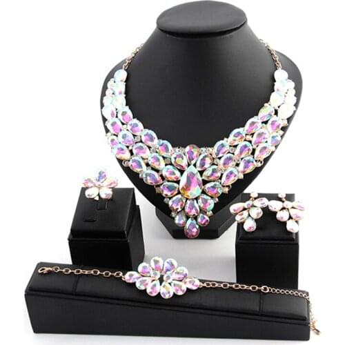 High Quality Crystal Choker Statement Necklace Earring Bracelet Ring Jewelry Set Rhinestone Wedding Gift Women Brides Prom Party