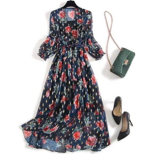 Runway Chiffon Fashion Summer 3/4 Sleeve V-Neck Flower Print Belt Midi Elegant Party Holiday Dress Vestidos