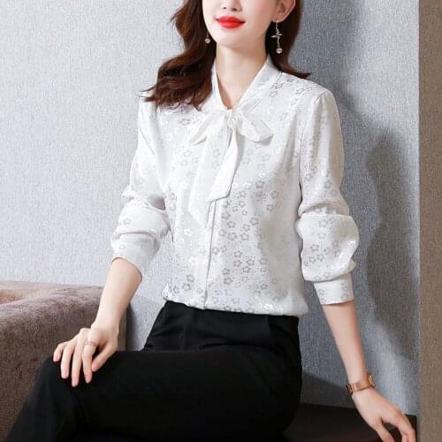 Chikichi Pink Satin Bow Shirt Women 2021 Autumn New Fashion Flower Jacquard Long-sleeved Shirt Elegant Ladies Tops Plus Size 3XL