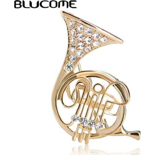 Blucome Trumpet Shaped Brooches Women Crystal Gold-color Costume Music Brooch Musician Shirts Hijab Pins Corsages