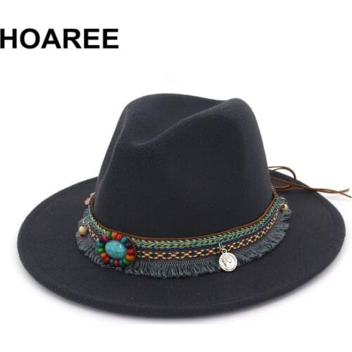 HOAREE Gray Fedora Hat Ladies Vintage Felt Hat Women Casual Ethnic Style Wide Brim Woolen Autumn Winter 2020 New Trilby Cap